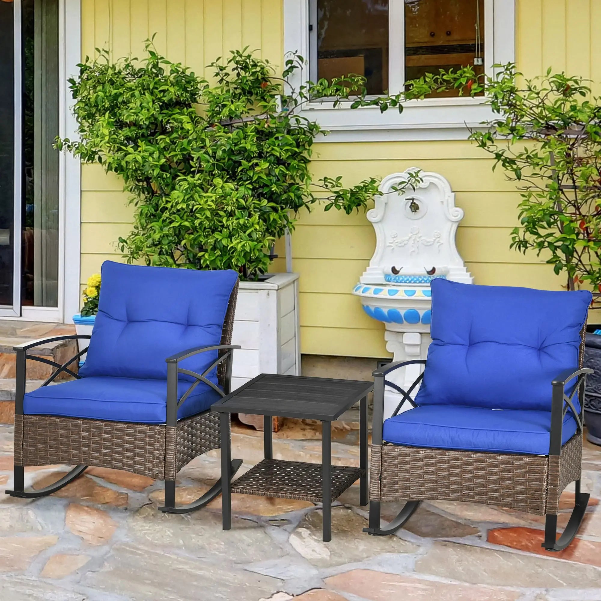 3 Pcs PE Rattan Rocking Chair Set, Bistro Set with Table, Dark Blue Outdoor Rocking Chairs at Gallery Canada