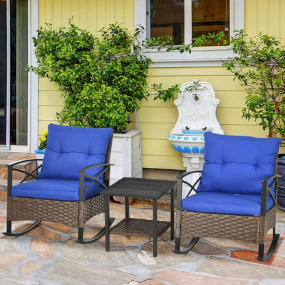 3 Pcs PE Rattan Rocking Chair Set, Bistro Set with Table, Dark Blue Outdoor Rocking Chairs at Gallery Canada
