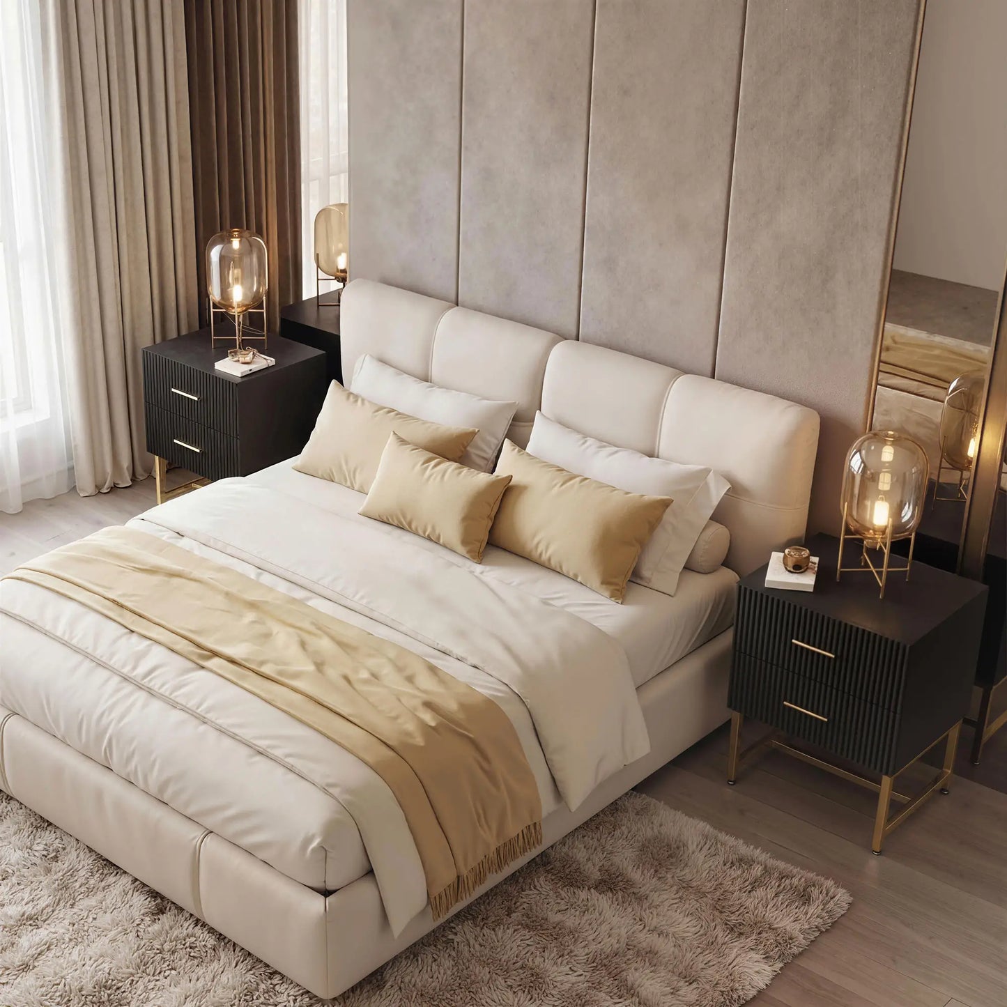 Modern Nightstands With Storage, 2 Fluted Drawers, Gold Legs, Black Bedside Tables at Gallery Canada