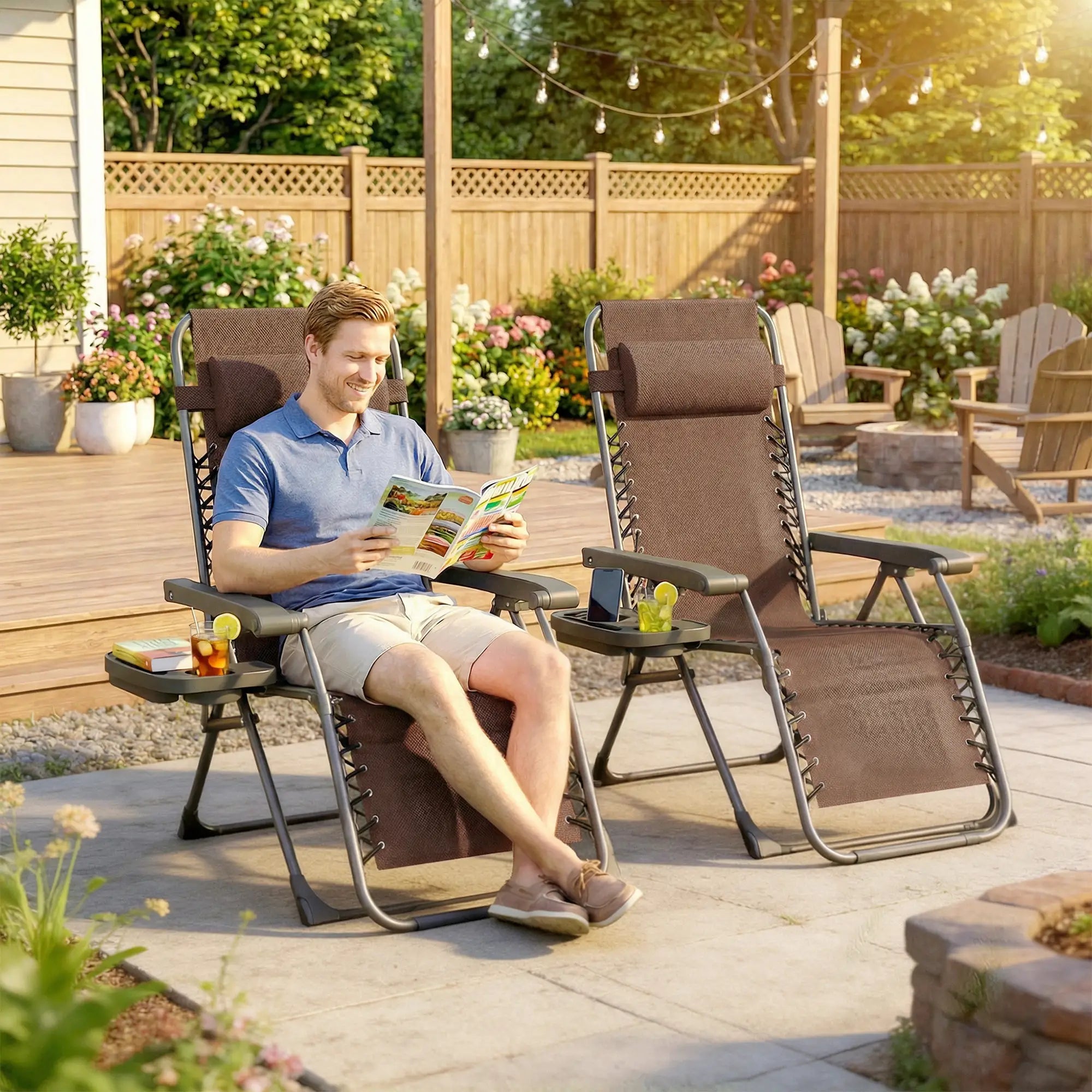 Zero Gravity Chair Set Of 2, Folding Reclining Outdoor Lounge Chair, Brown Lounger Chairs at Gallery Canada