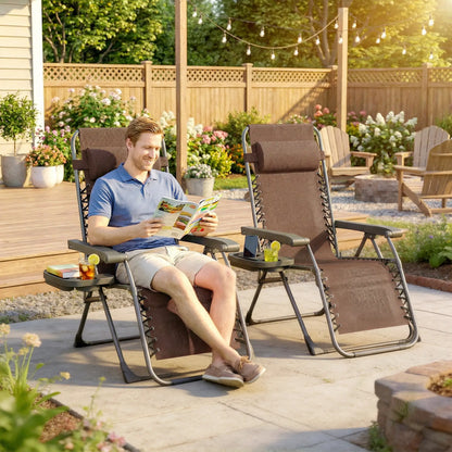 Zero Gravity Chair Set Of 2, Folding Reclining Outdoor Lounge Chair, Brown Lounger Chairs at Gallery Canada