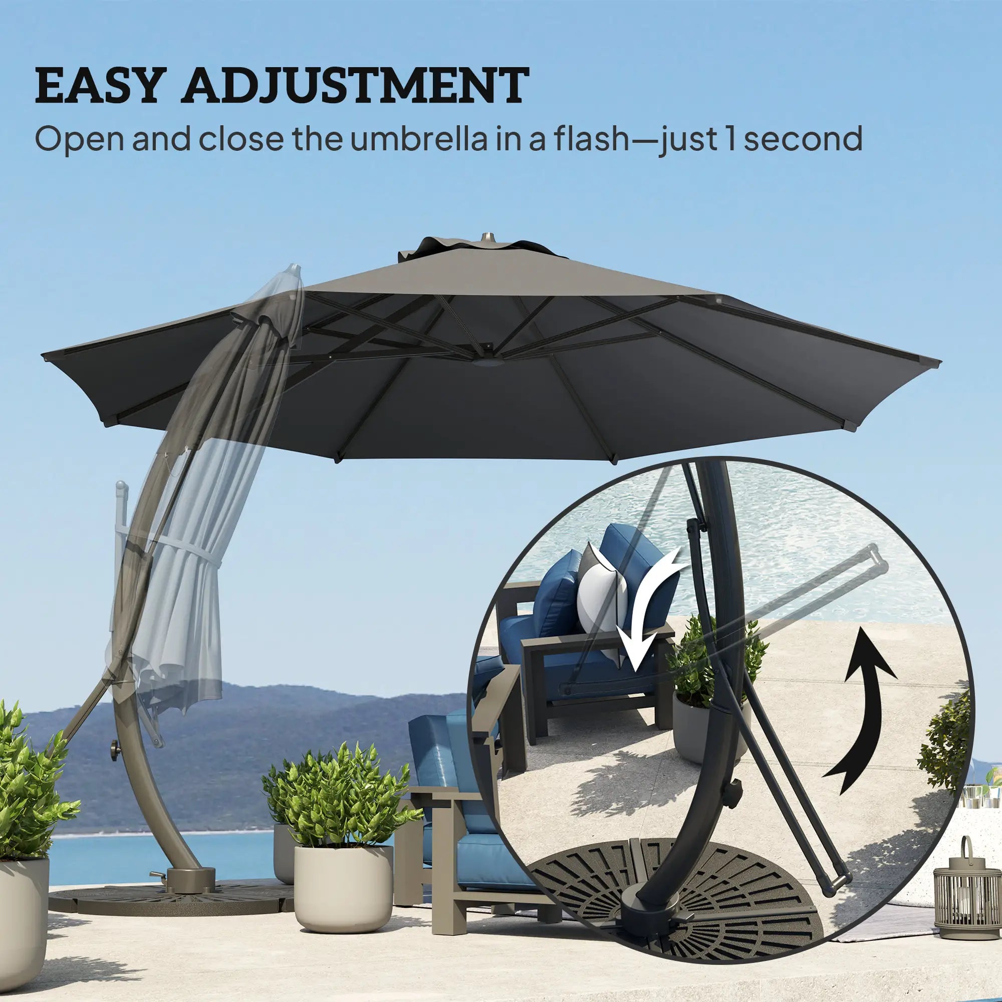 11FT Cantilever Umbrella, 8 Ribs, 360° Rotation, UPF 50+, Grey Patio Umbrellas at Gallery Canada