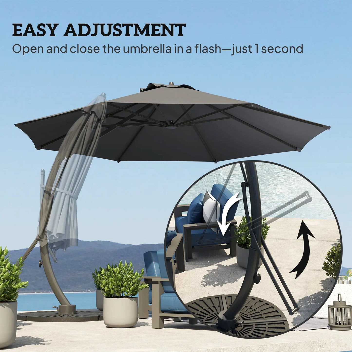 11FT Cantilever Umbrella, 8 Ribs, 360° Rotation, UPF 50+, Grey Patio Umbrellas at Gallery Canada