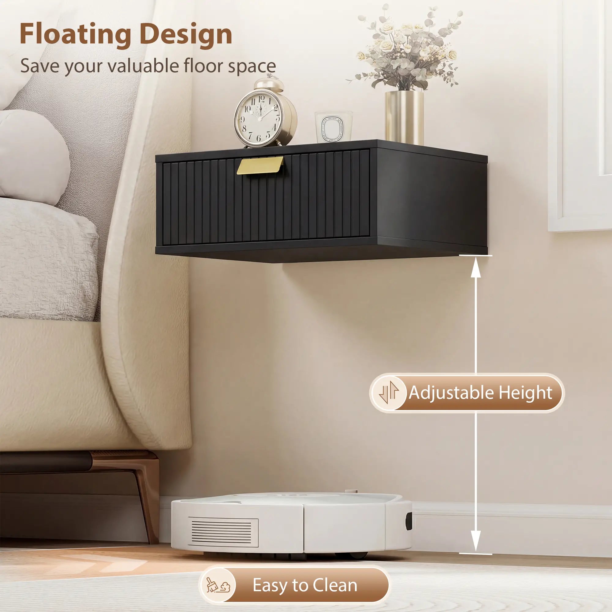Modern Floating Nightstands, Set of 2, Wall Mounted, Wave Drawer, Black Bedside Tables at Gallery Canada