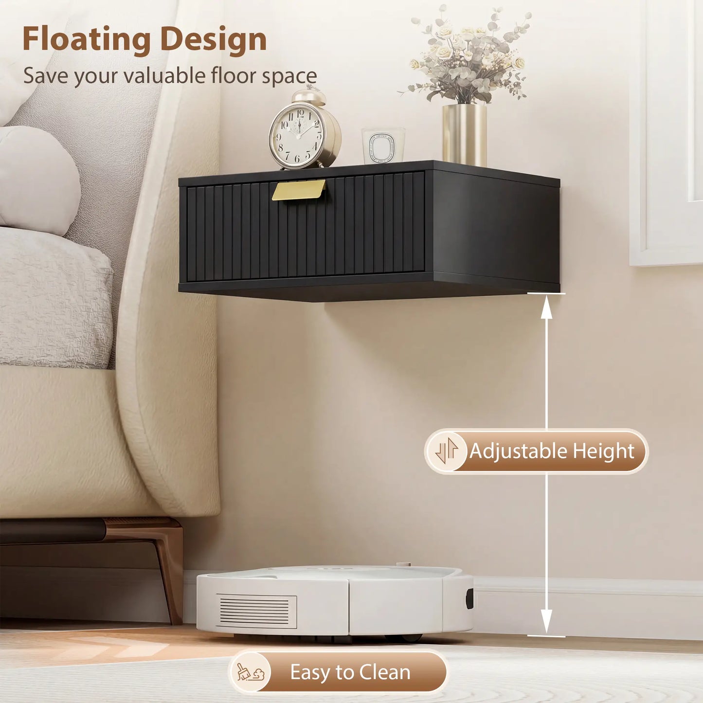 Modern Floating Nightstands, Set of 2, Wall Mounted, Wave Drawer, Black Bedside Tables at Gallery Canada