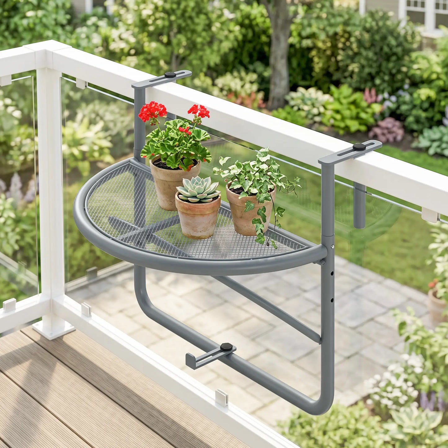 Adjustable Balcony Hanging Table, Metal Wall Desk, Outdoor Flower Stand, Half Round, Grey Balcony Table Hanging at Gallery Canada