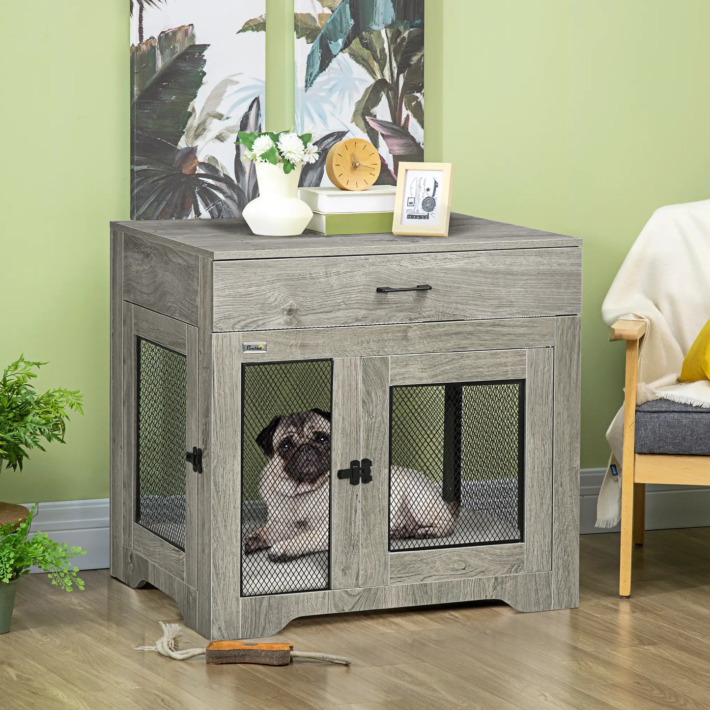 Dog Crate Furniture with Cushion, 2 Doors, Storage, Grey Houses, Kennels & Pens at Gallery Canada