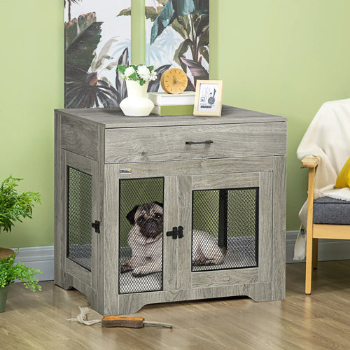 Dog Crate Furniture with Cushion, 2 Doors, Storage, Grey