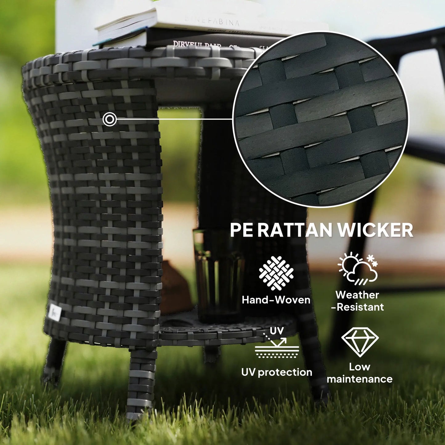 18" Wicker Outdoor Coffee Table, 2-Tier Storage, Composite Wood Top, Grey Patio Side Tables at Gallery Canada