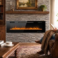 Electric Fireplace 60", Recessed Wall Mounted, Freestanding, Black