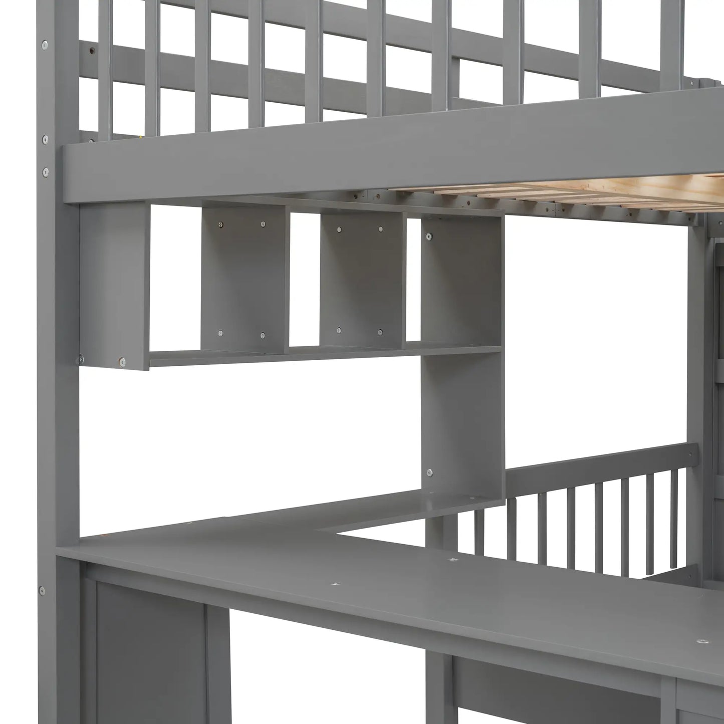 Over Twin Bunk Bed with Study Desk, Drawers, Shelves, 98" L x 80" W x 64.5" H, Grey Bed Frames at Gallery Canada