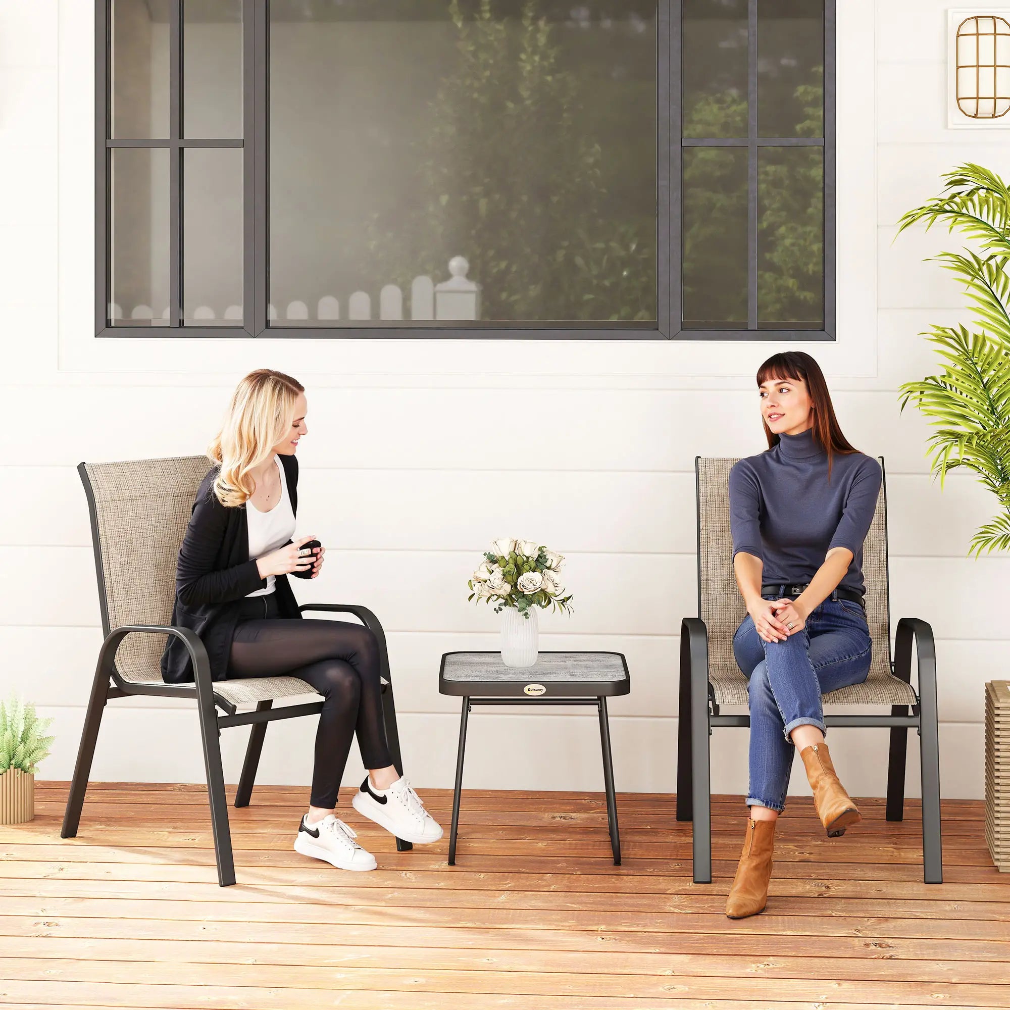 Outdoor Bistro Set, 3-Piece Patio Set, Breathable Mesh, Stackable Chairs, Square Table, Brown Bistro Sets at Gallery Canada