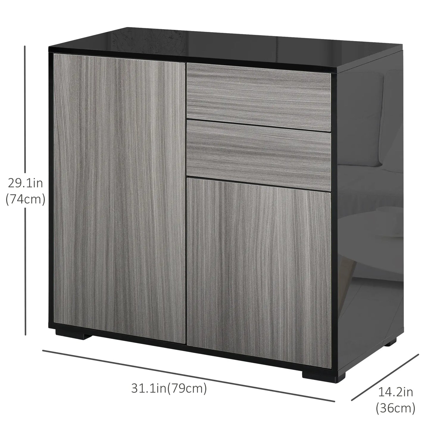 High Gloss Buffet Sideboard, 2 Drawers, 2 Doors, Adjustable Shelf, Kitchen Cabinet, Grey Black