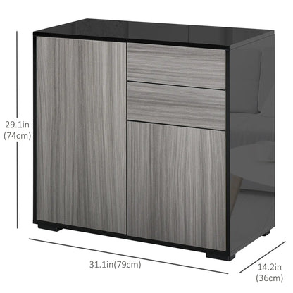 High Gloss Buffet Sideboard, 2 Drawers, 2 Doors, Adjustable Shelf, Kitchen Cabinet, Grey Black