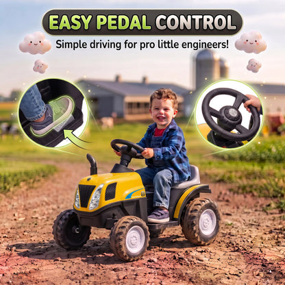 Tracteur pour enfants 6V véhicule électrique, remorque détachable, musique, jaune