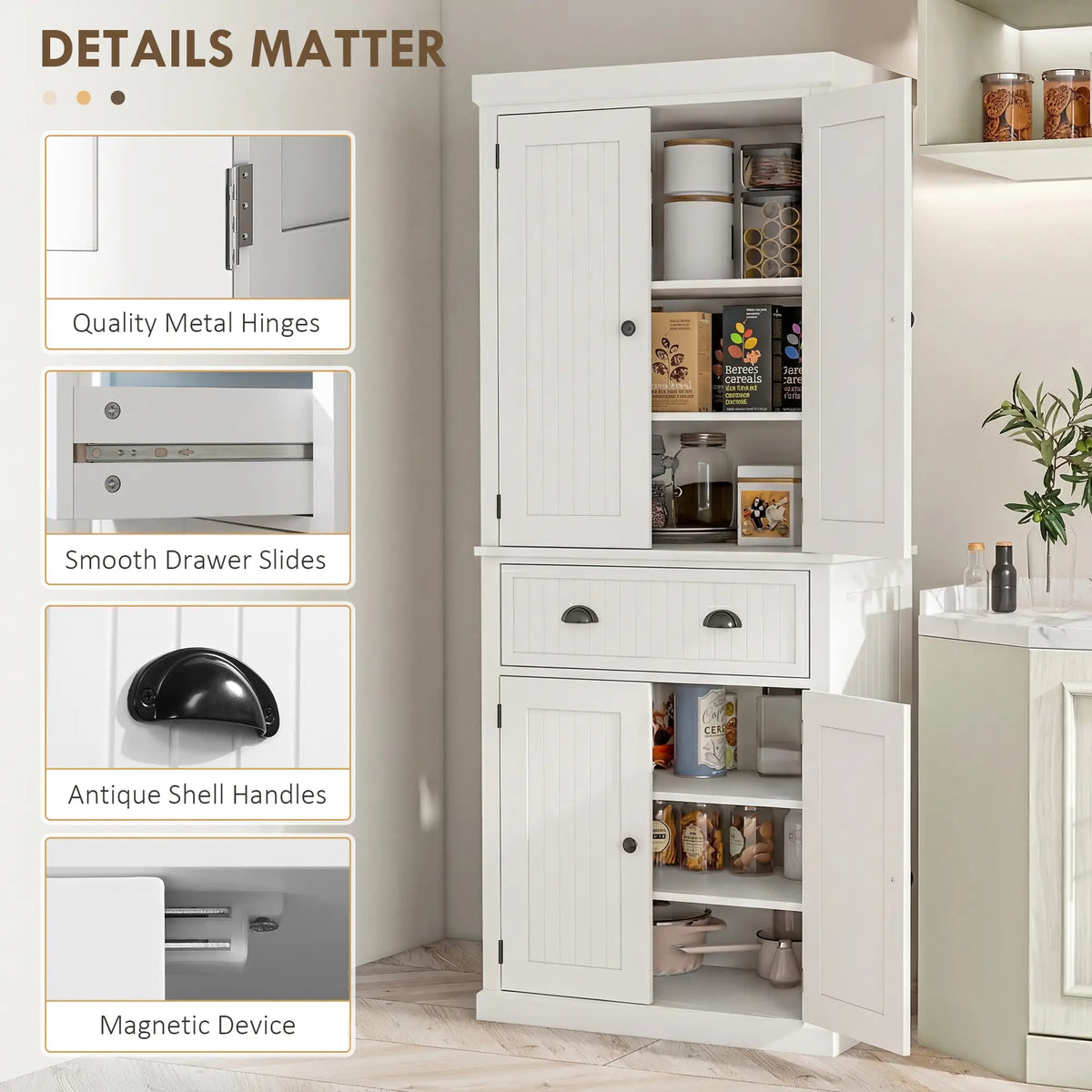 72" Kitchen Pantry, Storage Cabinet with Drawer, Doors, Cream White