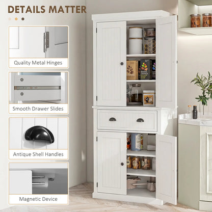 72" Kitchen Pantry, Storage Cabinet with Drawer, Doors, Cream White