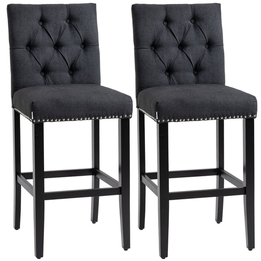 Fabric Bar Stool Set of 2, Tall 29.5" Seat Height Bar Chairs with Tufted Back &; Wood Legs, Dark Grey - Gallery Canada