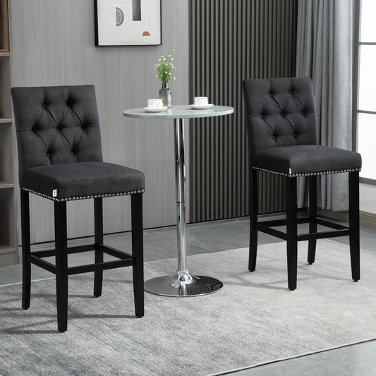 Fabric Bar Stool Set of 2, Tall 29.5" Seat Height Bar Chairs with Tufted Back &; Wood Legs, Dark Grey - Gallery Canada