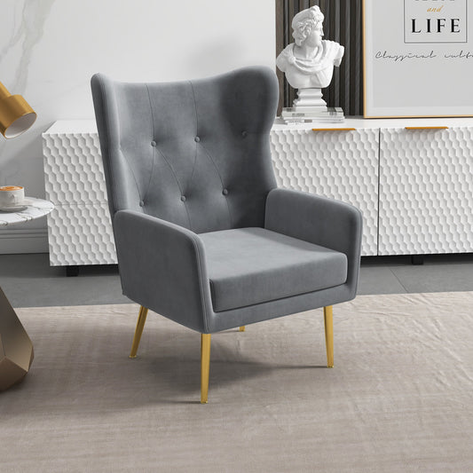 Fabric Wingback Armchair, Modern Accent Chair with Gold Metal Legs for Living Room, Bedroom, Home Office, Grey - Gallery Canada
