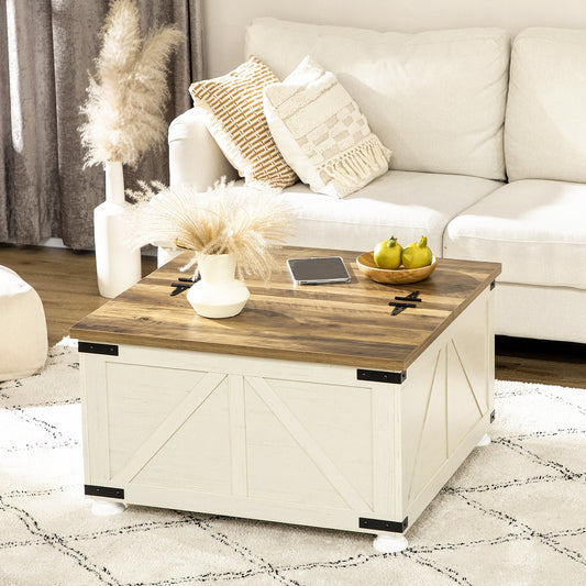 Farmhouse Coffee Table, Square Center Table with Flip-top Lids, Hidden Storage Compartment and Wooden Legs Antique White - Gallery Canada