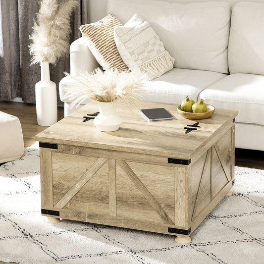 Farmhouse Coffee Table, Square Center Table with Flip-top Lids, Hidden Storage Compartment and Wooden Legs, Oak - Gallery Canada