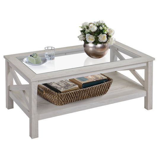 Farmhouse Coffee Table with Tempered Glass Table Top, 2-tier Center Table with Bottom Storage Shelf for Living Room, Bedroom - Gallery Canada
