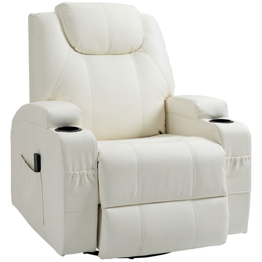 Faux Leather Recliner Chair with Massage, Vibration, Muti-function Padded Sofa Chair with Remote Control, 360 Degree Swivel Seat with Dual Cup Holders, Cream White - Gallery Canada
