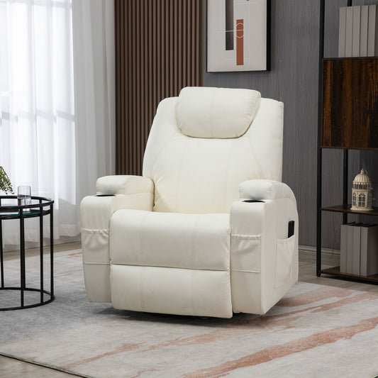 Faux Leather Recliner Chair with Massage, Vibration, Muti-function Padded Sofa Chair with Remote Control, 360 Degree Swivel Seat with Dual Cup Holders, Cream White - Gallery Canada