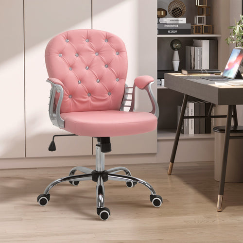 Faux Leather Vanity Office Chair, Button Tufted Swivel Chair with Adjustable Height, Padded Armrests and Tilt Function, Pink
