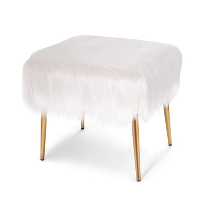 Faux Fur Vanity Stool with Golden Metal Legs for Makeup Room, White - Gallery Canada