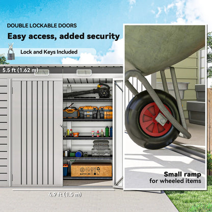 8 x 4FT Galvanized Garden Storage Shed, Metal Outdoor Shed, Light Grey