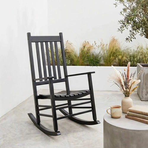 Wooden Rocking Chair Outdoor Patio Garden, Reclining Seat, Black