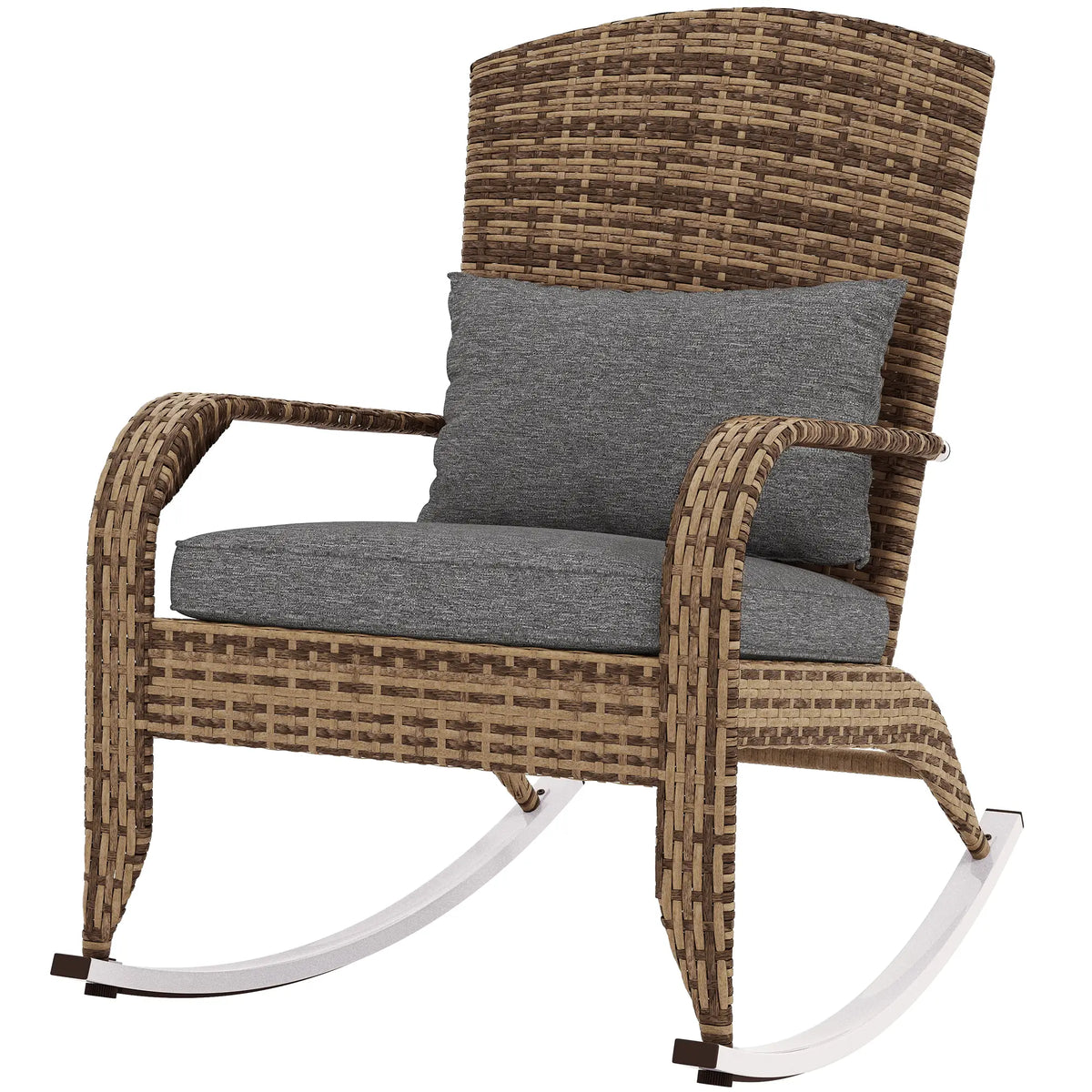 Outdoor Wicker Rocking Chair, High Back, Seat Cushion, Pillow, Grey/Yellow Outdoor Rocking Chairs Grey, Mixed Yellow at Gallery Canada