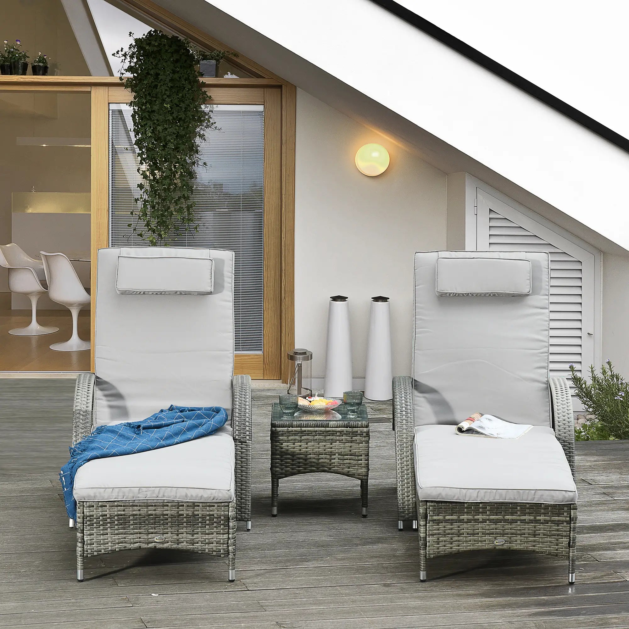 Rattan Lounge Set, Wheeled Chaise Chair with Glass Table, Mixed Grey, Grey Chaise Loungers at Gallery Canada
