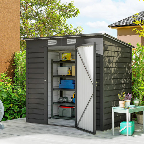 6 x 4FT Galvanized Metal Garden Shed, Double Doors, 2 Vents, Grey