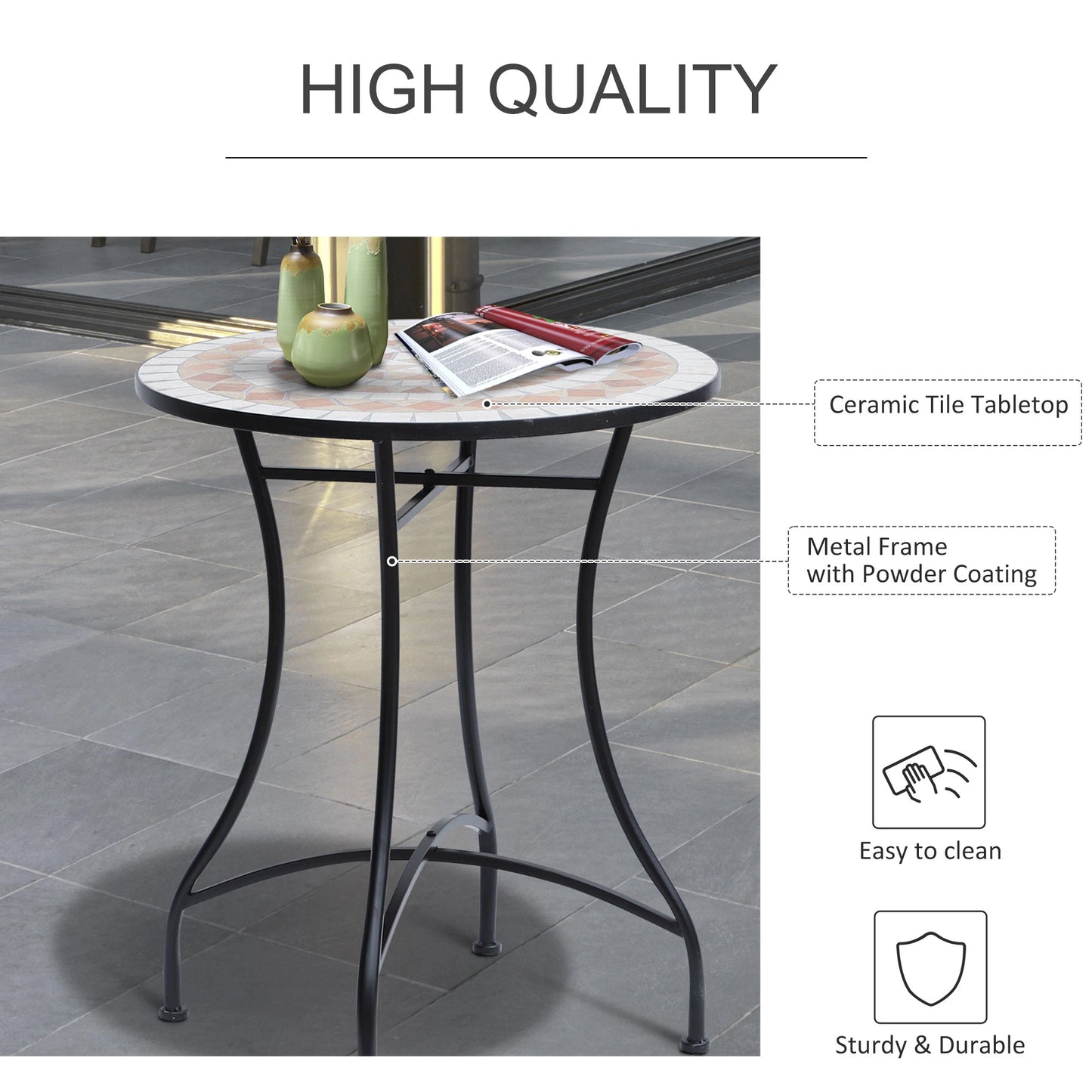 23.5" Round Mosaic Patio Table, Metal Outdoor Coffee Table, Ceramic Top Patio Side Tables at Gallery Canada