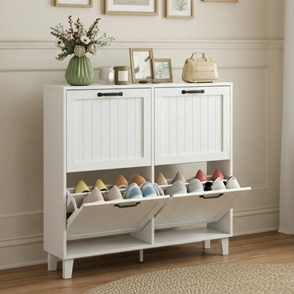 Shoe Cabinet with 4 Flip Drawers, Freestanding Narrow Shoe Storage Cabinet with Adjustable Shelves, Open Back, White