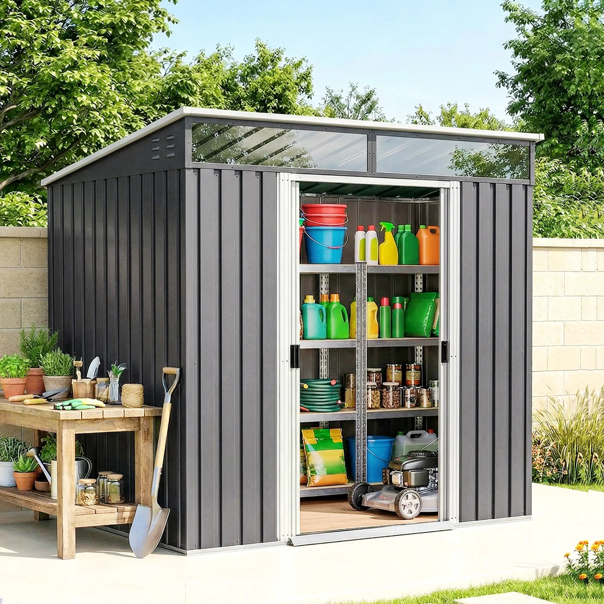 6.5x4FT Galvanised Metal Shed, Foundation Kit, Lockable Garden Storage, Sliding Doors, Vents, Grey Sheds at Gallery Canada