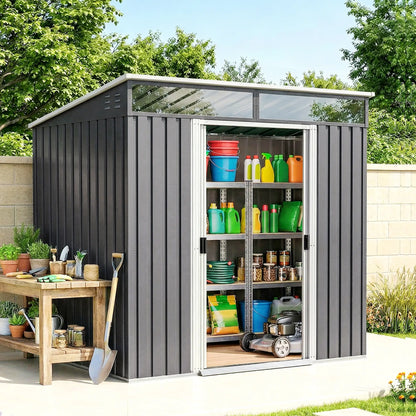 6.5x4FT Galvanised Metal Shed, Foundation Kit, Lockable Garden Storage, Sliding Doors, Vents, Grey Sheds at Gallery Canada
