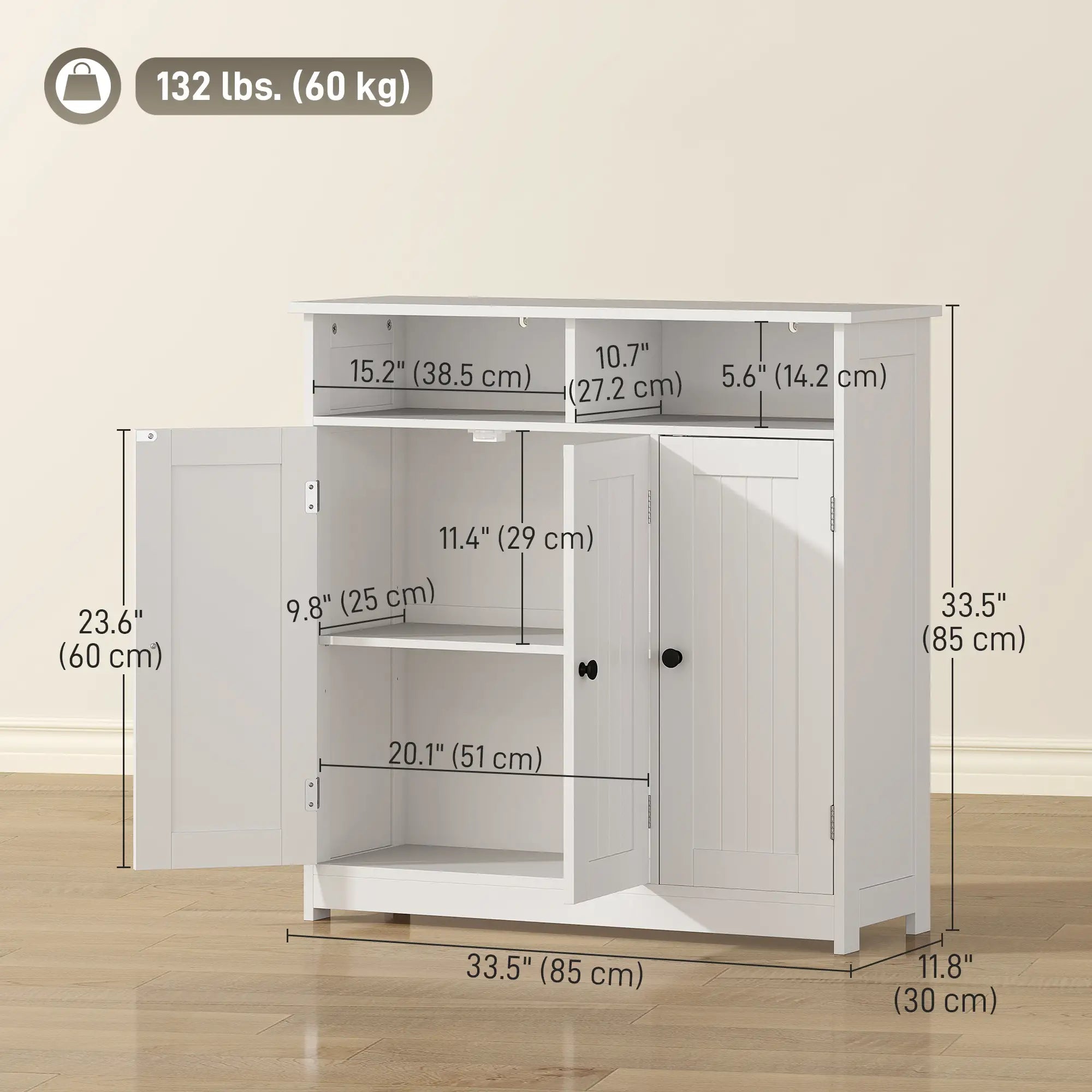 Freestanding Bathroom Floor Cabinet, 3 Doors, 2 Shelves, Adjustable, White Freestanding Bathroom Cabinets at Gallery Canada
