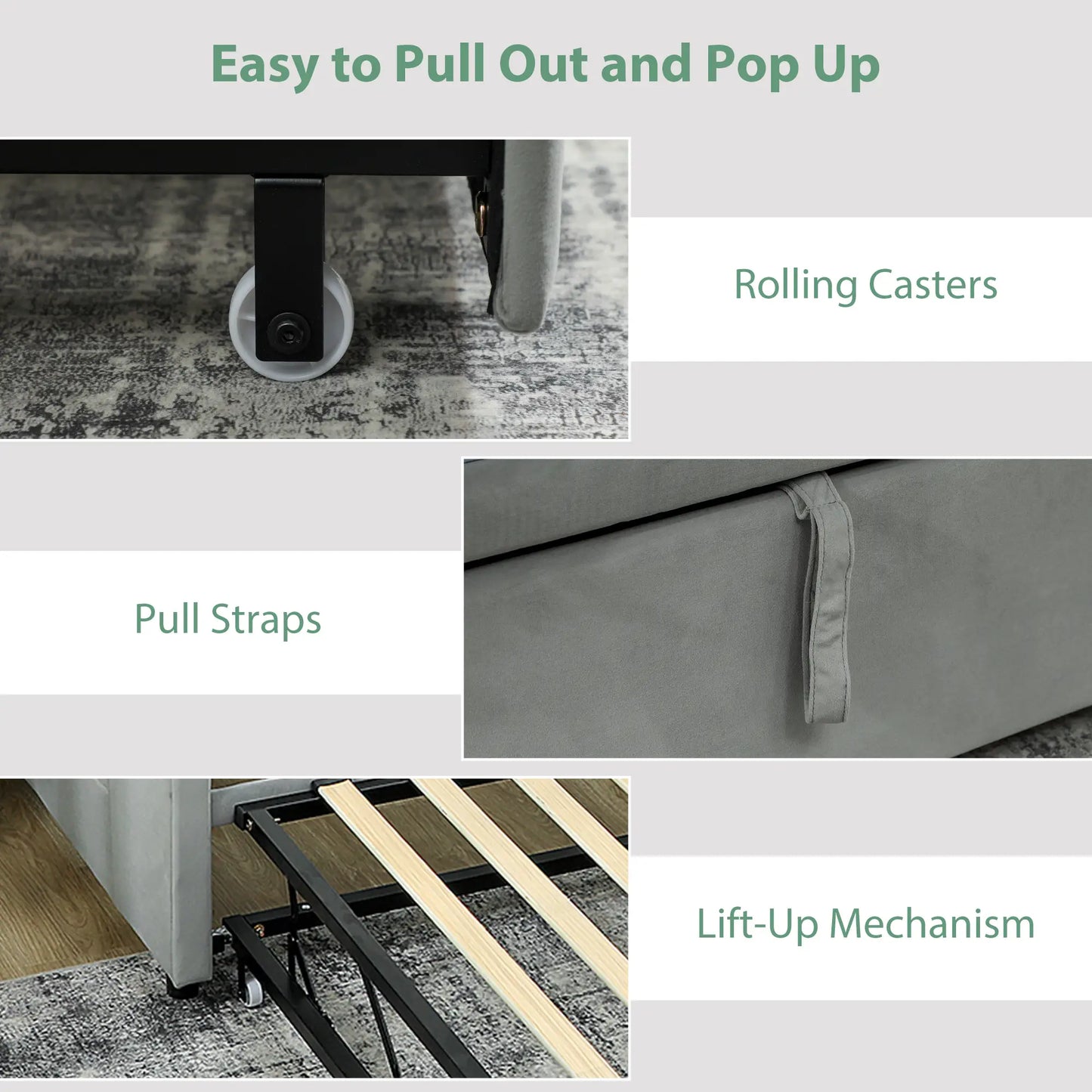 Upholstered Twin Size Trundle Bed, With Headboard And Pockets, Light Grey