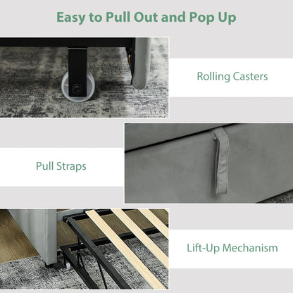 Upholstered Twin Size Trundle Bed, With Headboard And Pockets, Light Grey