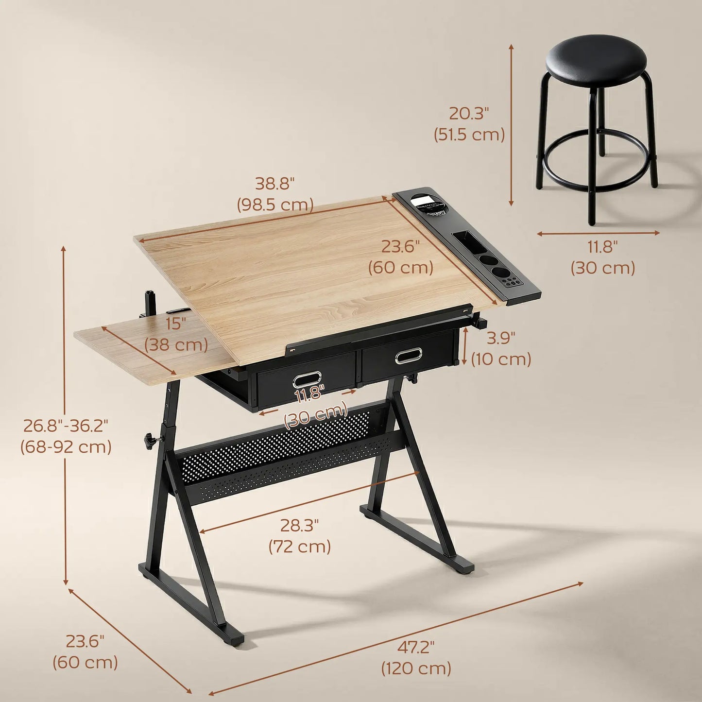 Adjustable Drafting Table, Art Desk With Stool And Storage Drawers, Oak Writing Desks at Gallery Canada