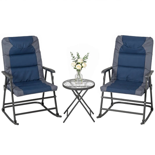 3pc Foldable Rocking Chair Set, Outdoor Bistro w/ Padded Seat, Blue Outdoor Rocking Chairs Blue, Grey at Gallery Canada