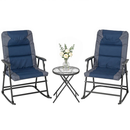 3pc Foldable Rocking Chair Set, Outdoor Bistro w/ Padded Seat, Blue
