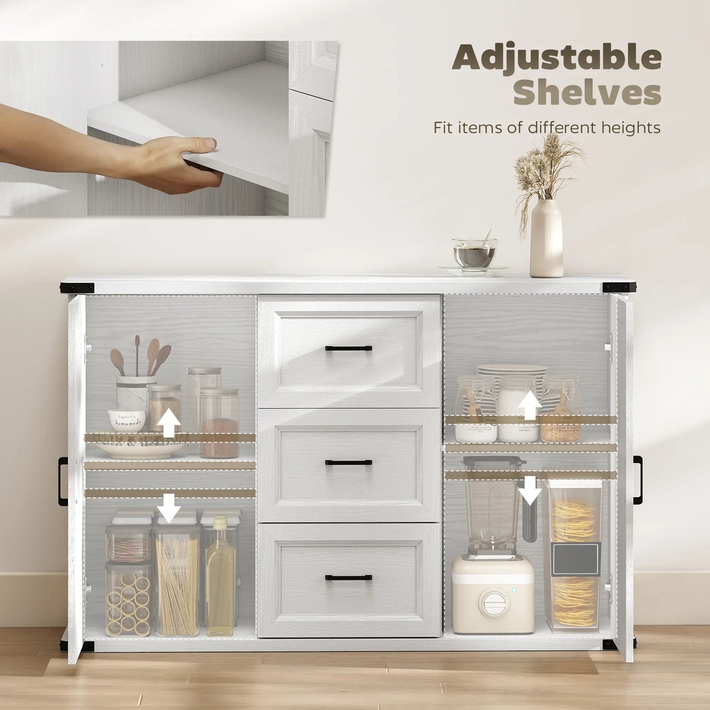 Sideboard With 3 Drawers, 2 Doors, 47" Buffet Cabinet, White Wood Grain, White Storage Cabinets at Gallery Canada