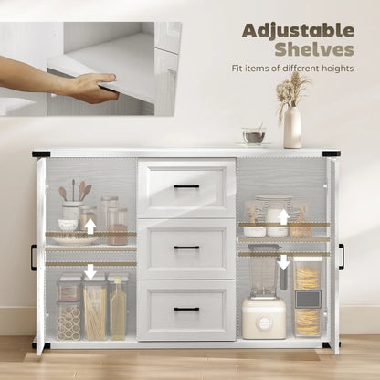 Sideboard With 3 Drawers, 2 Doors, 47" Buffet Cabinet, White Wood Grain, White Storage Cabinets at Gallery Canada