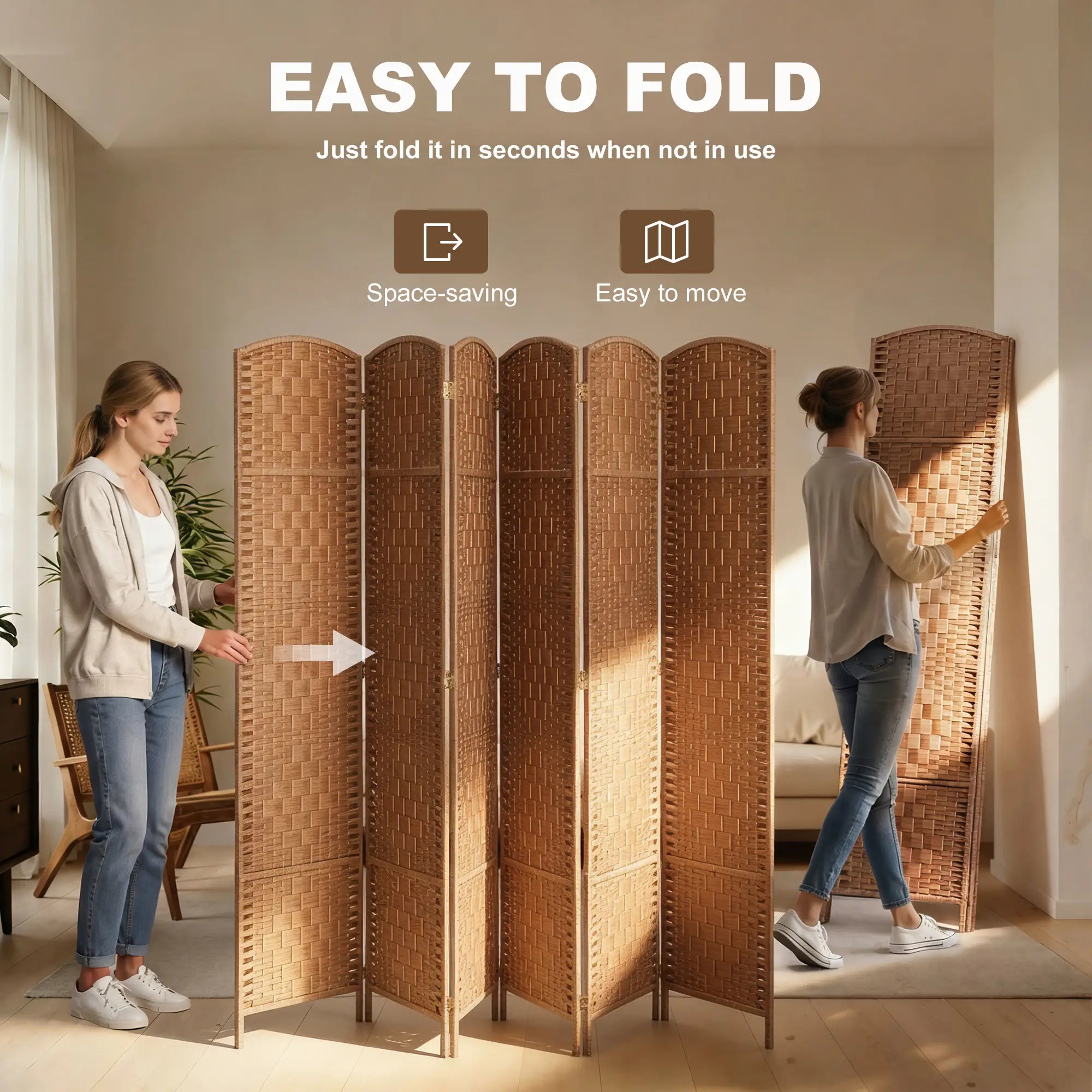 6ft Folding Room Divider, 6 Panel Wooden Frame, Natural Room Dividers at Gallery Canada