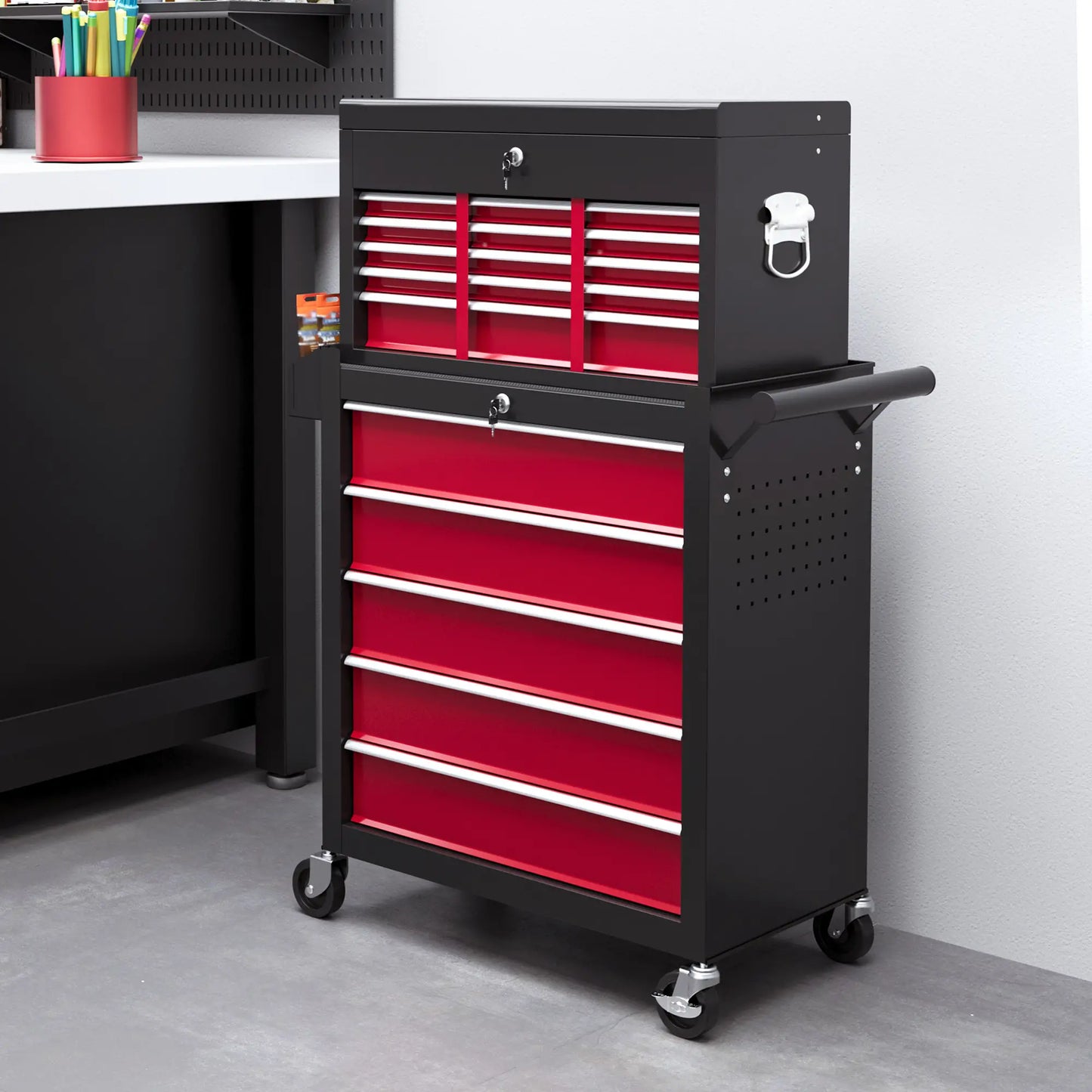 14 Drawer Rolling Tool Chest, Lockable Storage Cabinet, Detachable Top Toolbox, Red Tool Organizers at Gallery Canada